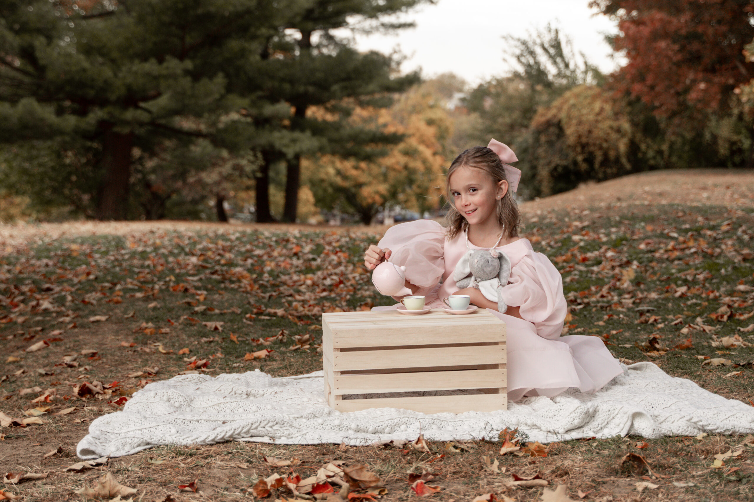 Little girl having a fall tea party on a blanket in Davenport East Village park