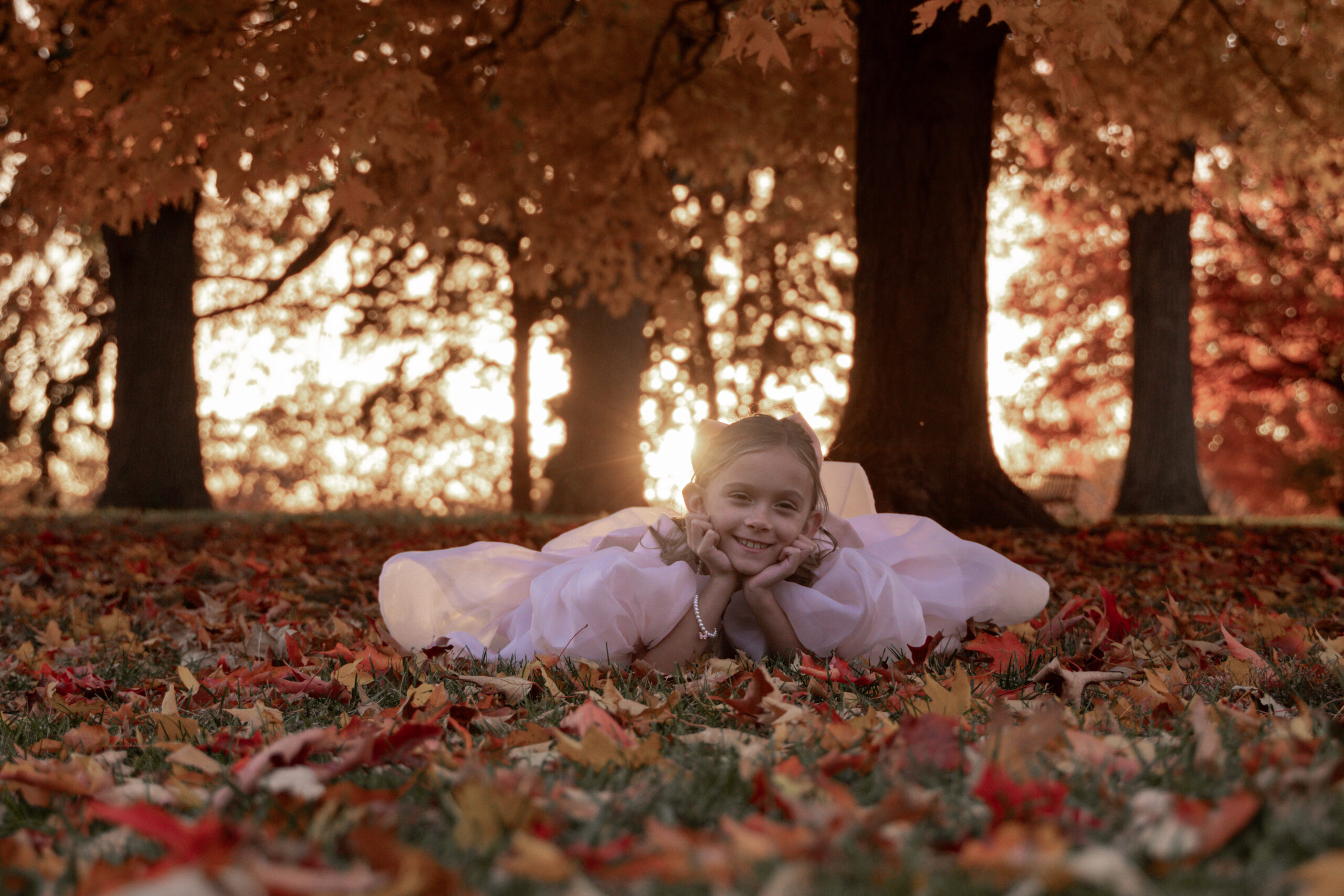 Little girl sitting in fall leaves in a pink tulle dress in Davenport