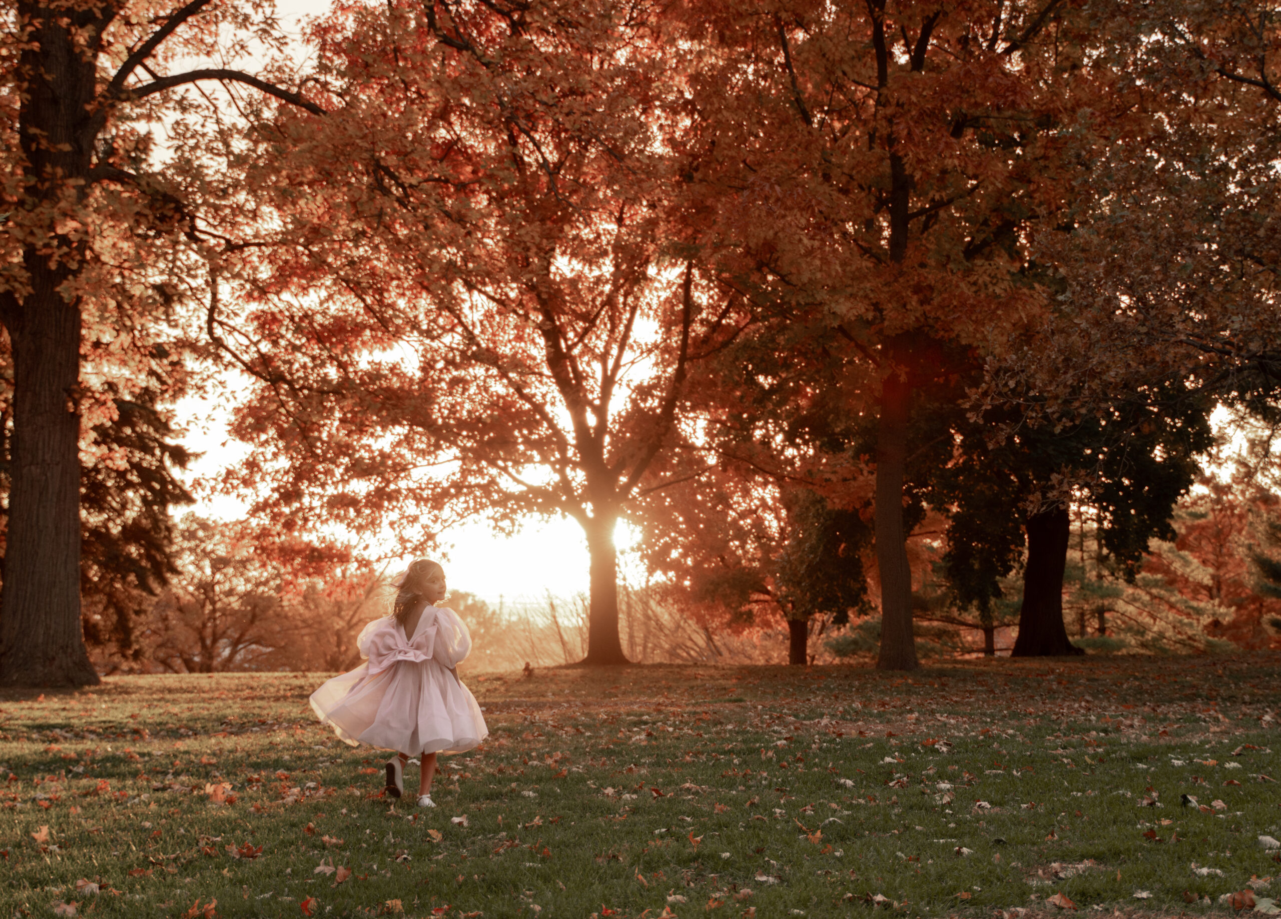 Little girl twirling in a pink dress during a fall photoshoot in Davenport