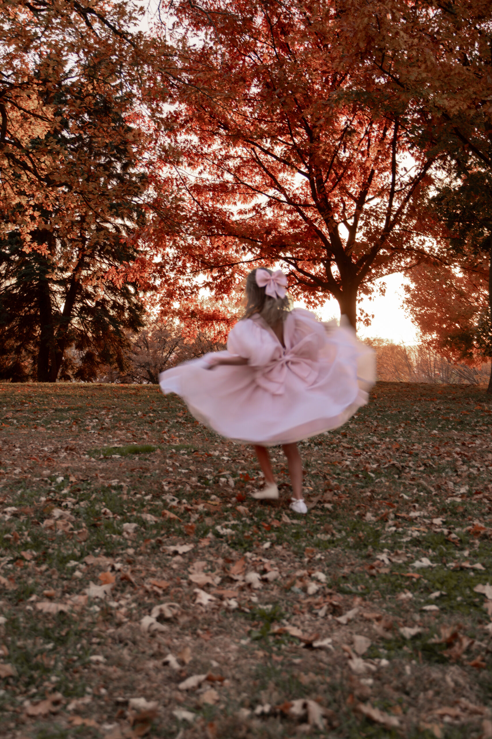 Smiling child in pink dress during sunset fall photoshoot in Davenport