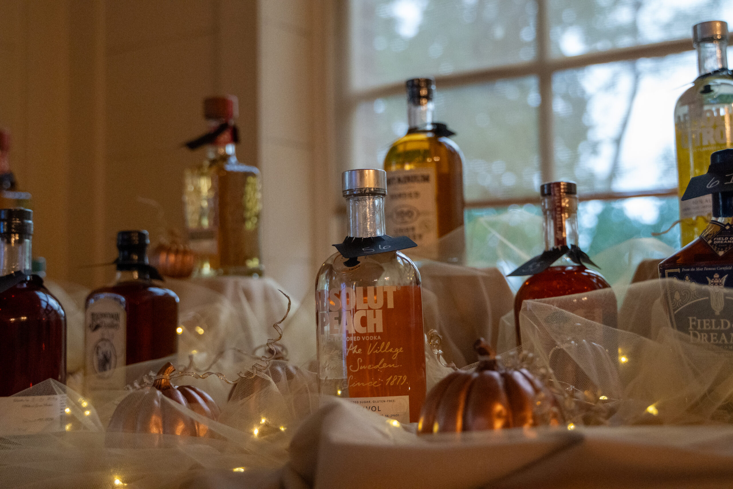 Silent auction display with twinkle lights and bottles